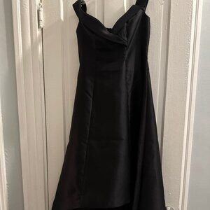 Black satin evening gown, off-the-shoulder dress